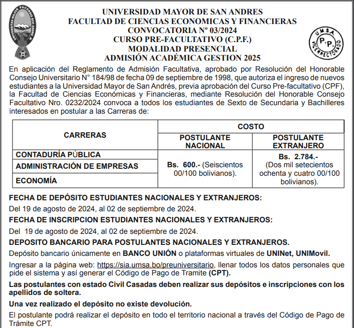 CONVOCATORIA Nº 03/2024 CURSO PRE-FACULTATIVO (C.P.F.) MODALIDAD PRESENCIAL ADMISIÓN ACADÉMICA GESTION 2025