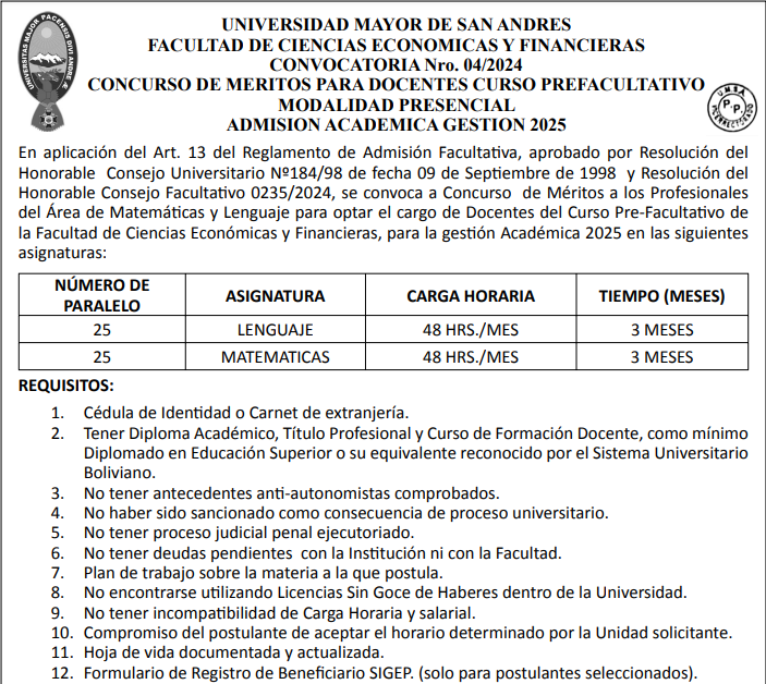 CONVOCATORIA Nro. 04/2024 CONCURSO DE MERITOS PARA DOCENTES CURSO PREFACULTATIVO MODALIDAD PRESENCIAL ADMISION ACADEMICA GESTION 2025