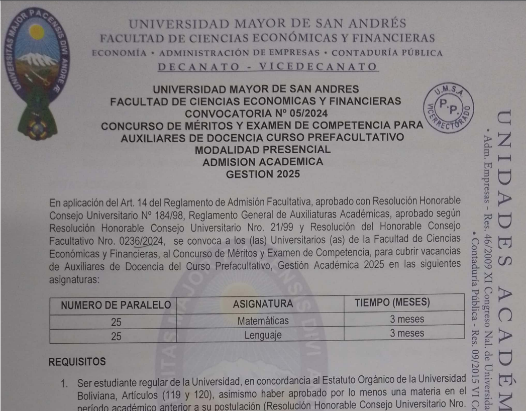 CONVOCATORIA Nº 05/2024 CONCURSO DE MERITOS Y EXAMEN DE COMPETENCIA PARA AUXILIARES DE DOCENCIA CURSO PREFACULTATIVO MODALIDAD PRESENCIAL ADMISION ACADEMICA GESTION 2025