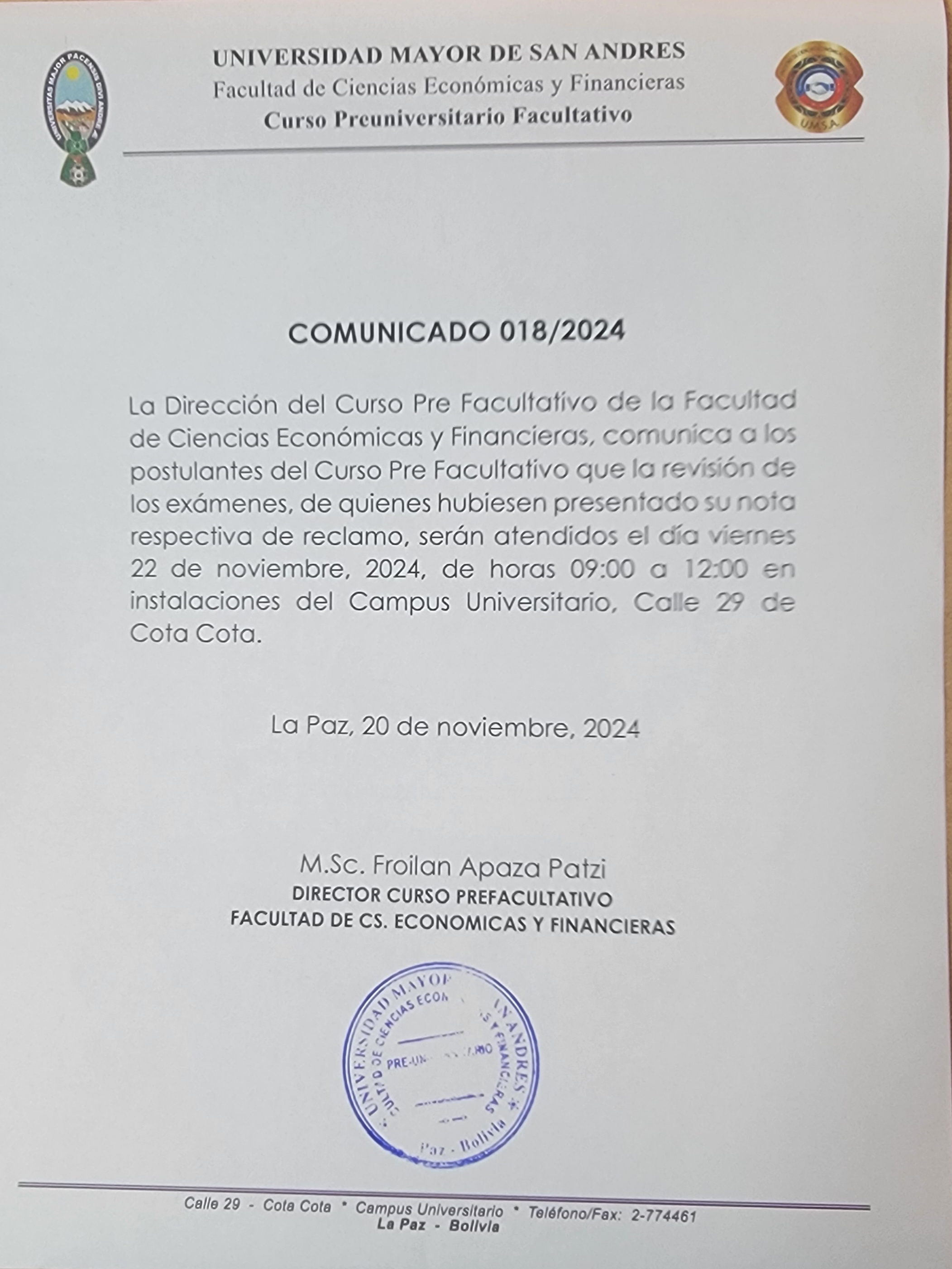 COMUNICADO PREFACULTATIVO 018/2024