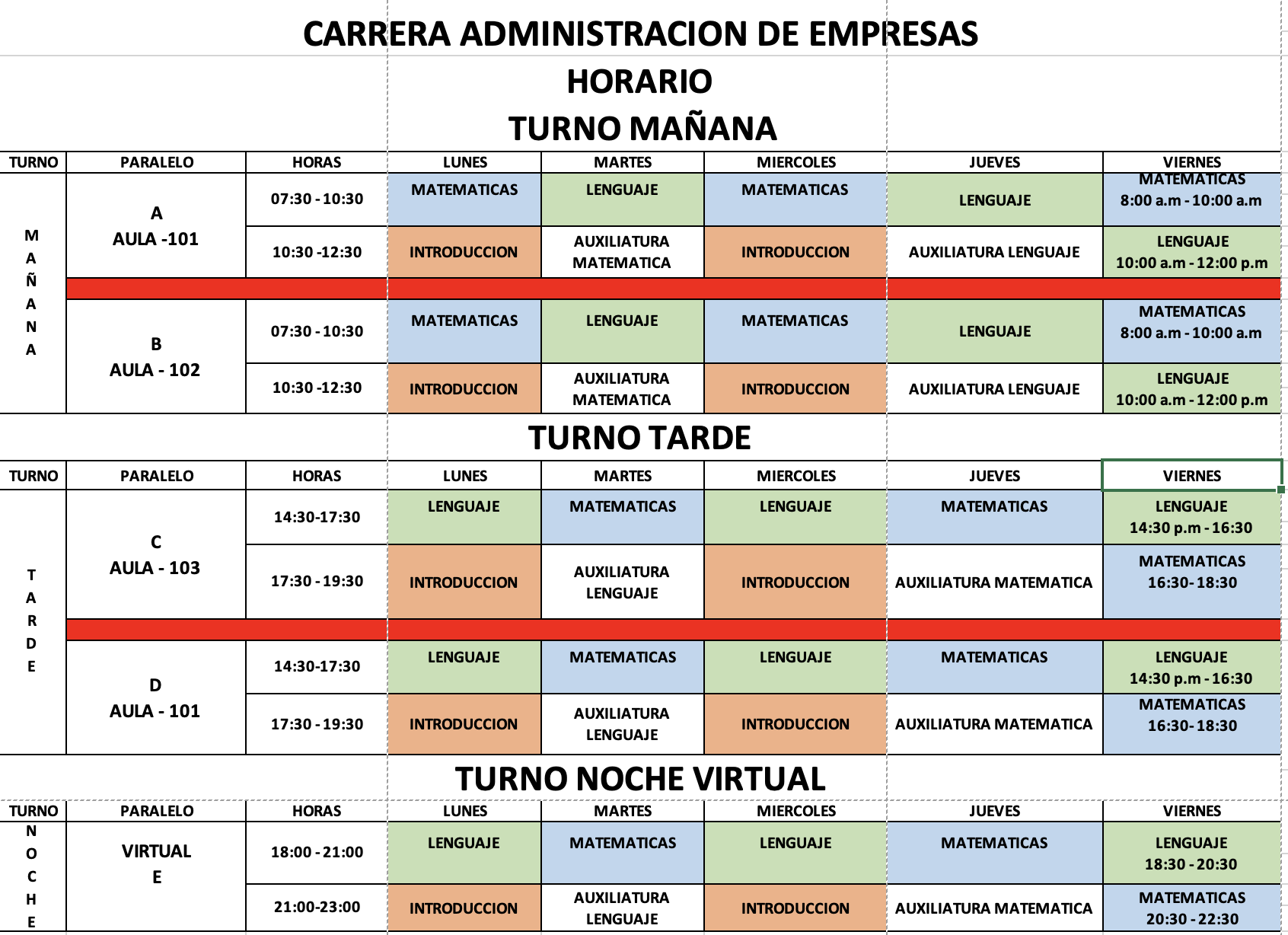 HORARIO CARRERA ADMINISTRACION DE EMPRESAS