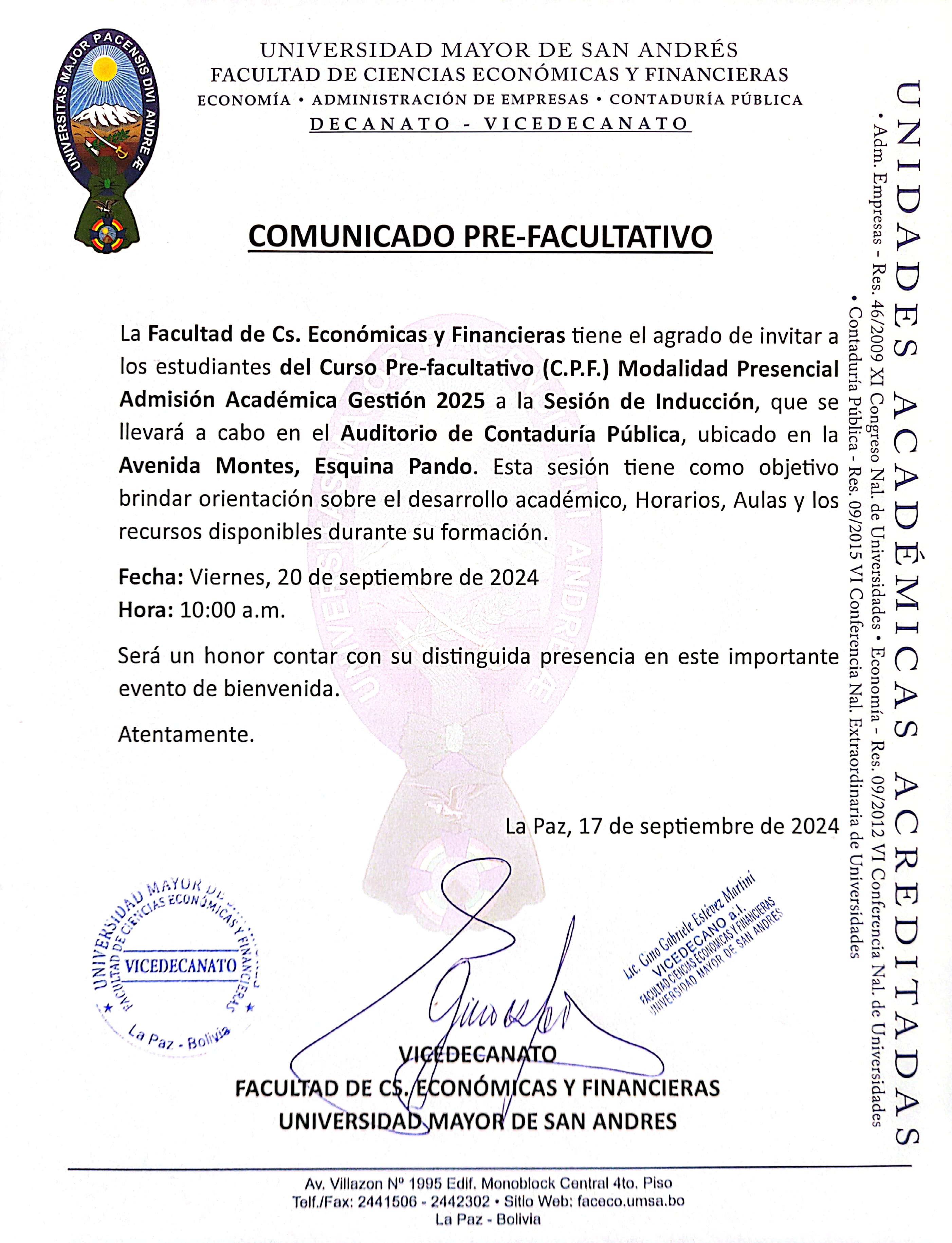 COMUNICADO PRE-FACULTATIVO SESIÓN DE INDUCCIÓN