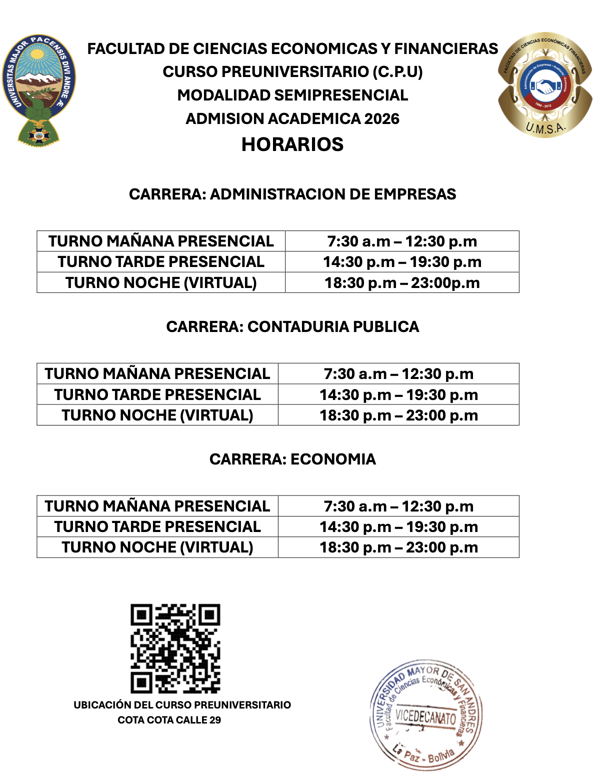 HORARIOS CURSO PREUNIVERSITARIO (C.P.U) ADMISION ACADEMICA 2026