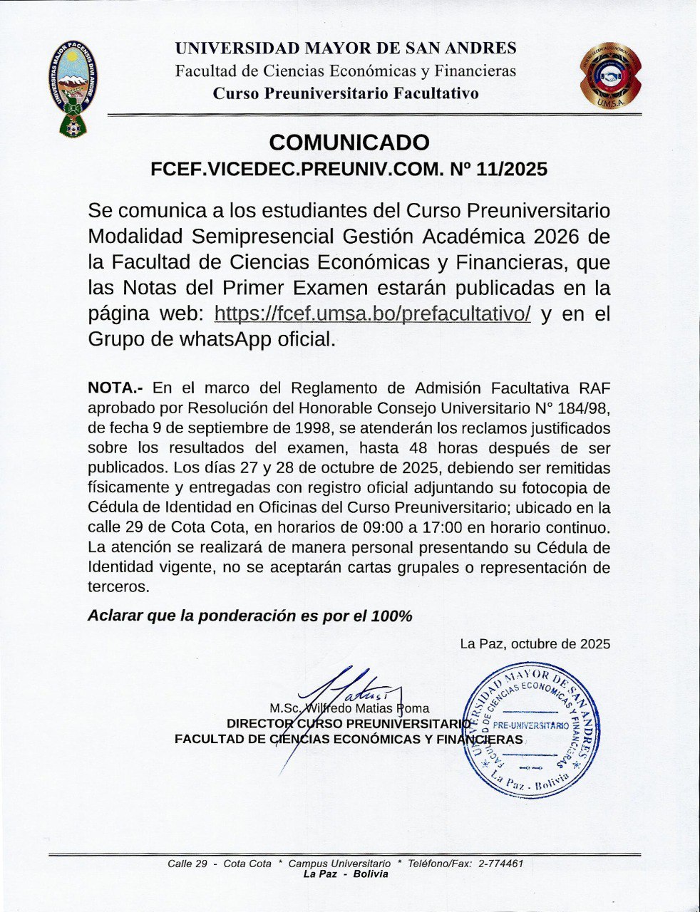 Comunicado Reclamos sobre resultados del primer parcial