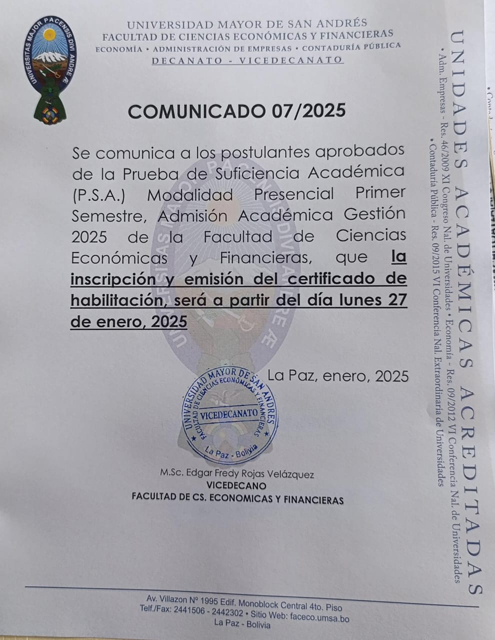 COMUNICADO EMISIÓN DEL CERTIFICADO DE HABILITACIÓN PSA 2025