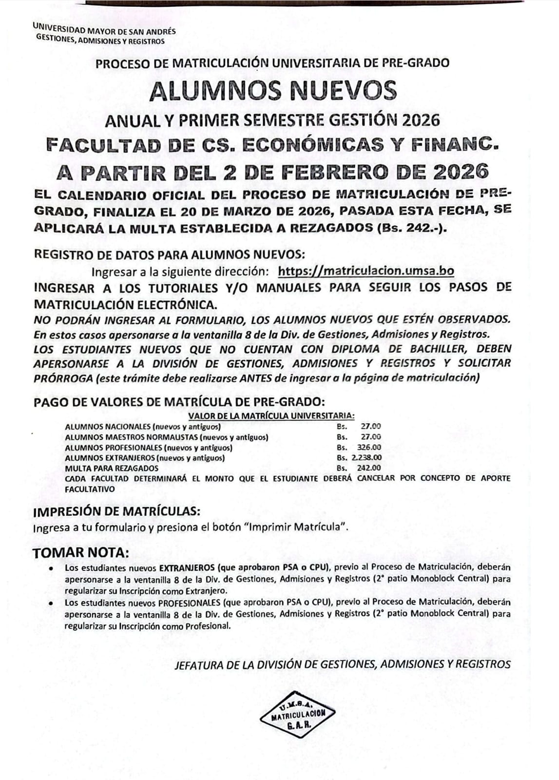 MATRICULACION PARA ALUMNOS NUEVOS