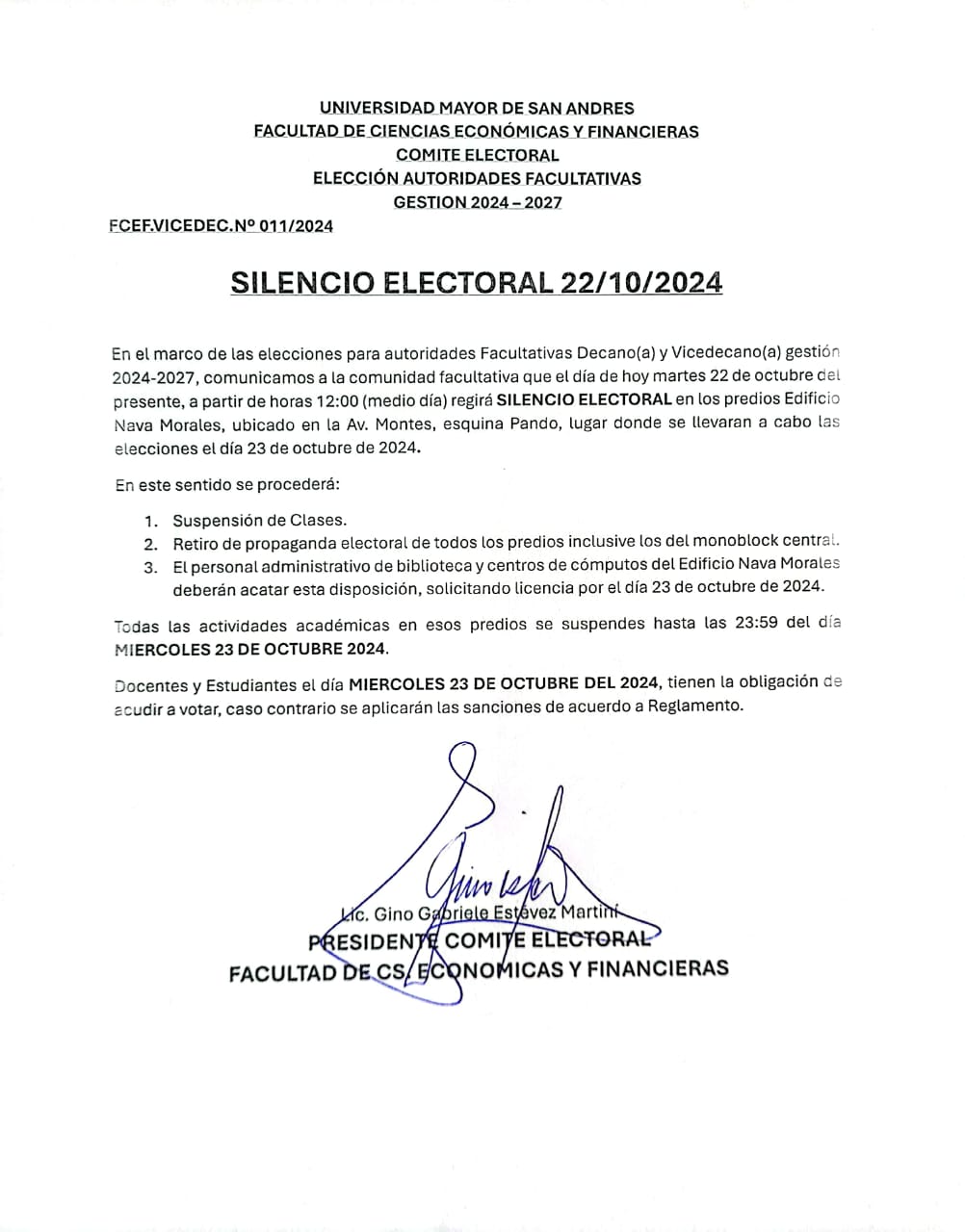 COMUNICADO SILENCIO ELECTORAL 22/10/2024