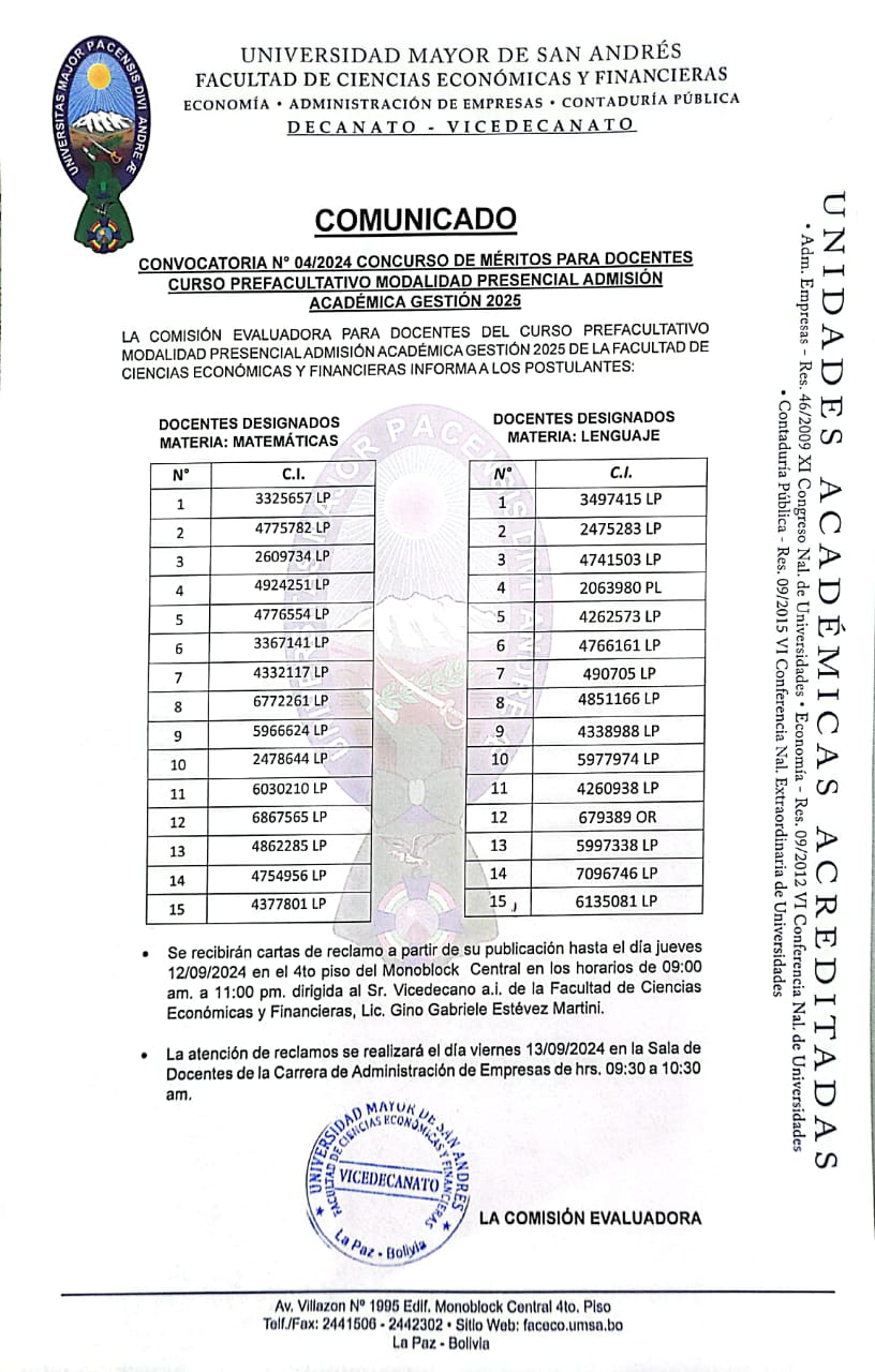 COMUNICADO COMISION EVALUADORA DOCENTES