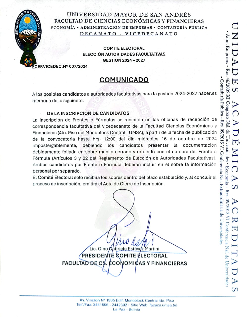 COMUNICADO INSCRIPCION DE CANDIDATOS CONVOCATORIA Nº06/2024