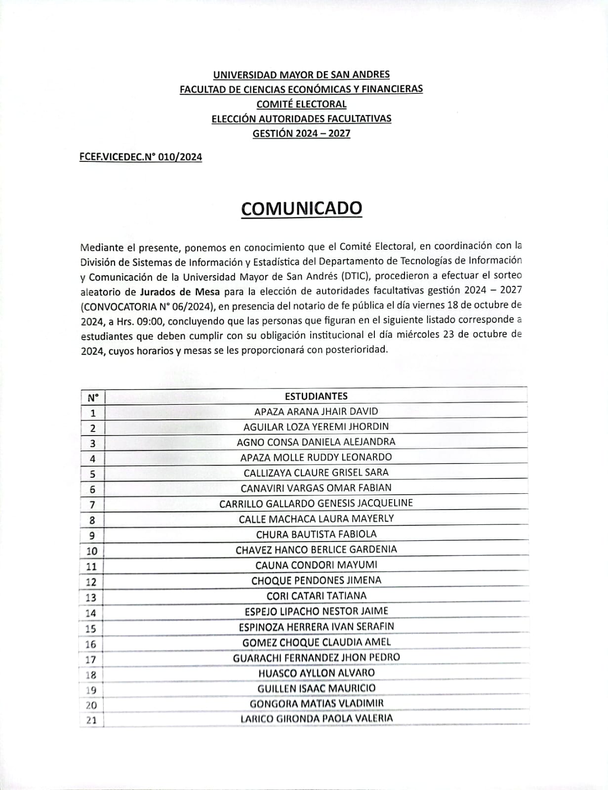 COMUNICADO JURADOS DE MESA ESTUDIANTES