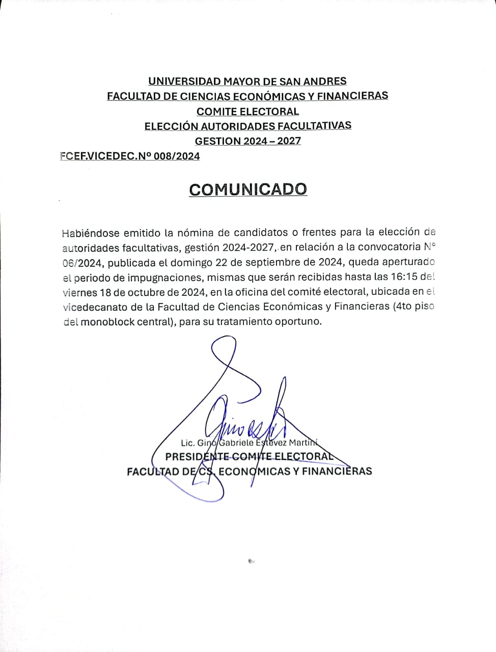 COMUNICADO PERIODO DE IMPUGNACIONES CONVOCATORIA Nº06/2024