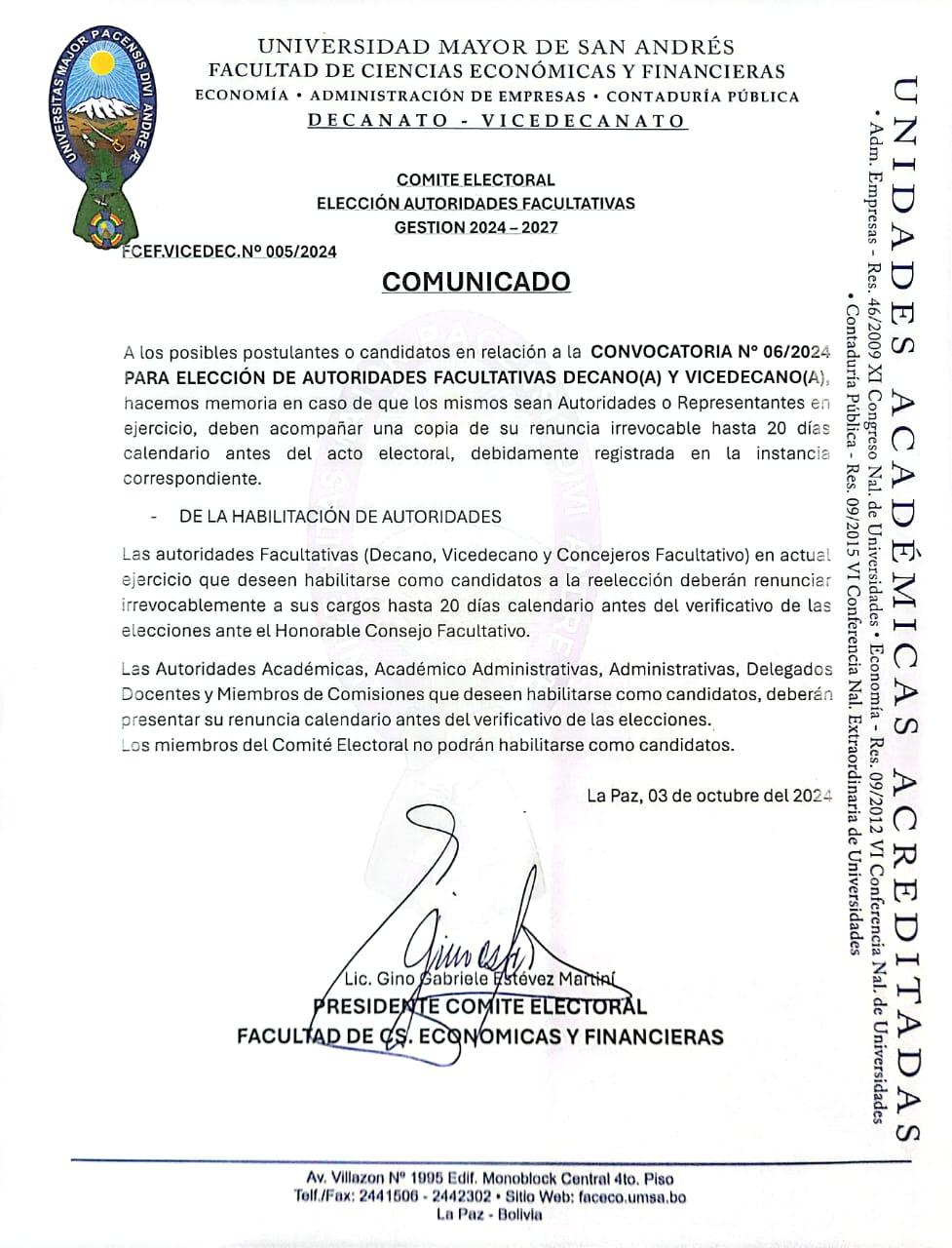 COMUNICADO HABILITACION DE AUTORIDADES CONVOCATORIA Nº 06/2024